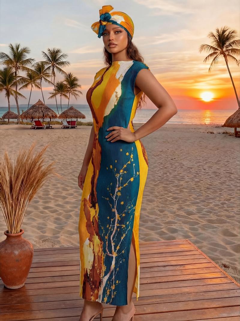 Women's Elegant Slim Fit Long Dress Set, Moo Moo Horse Riding Printed Robe Shawl + Silk Scarf, Beach Sun Protection, All Seasons