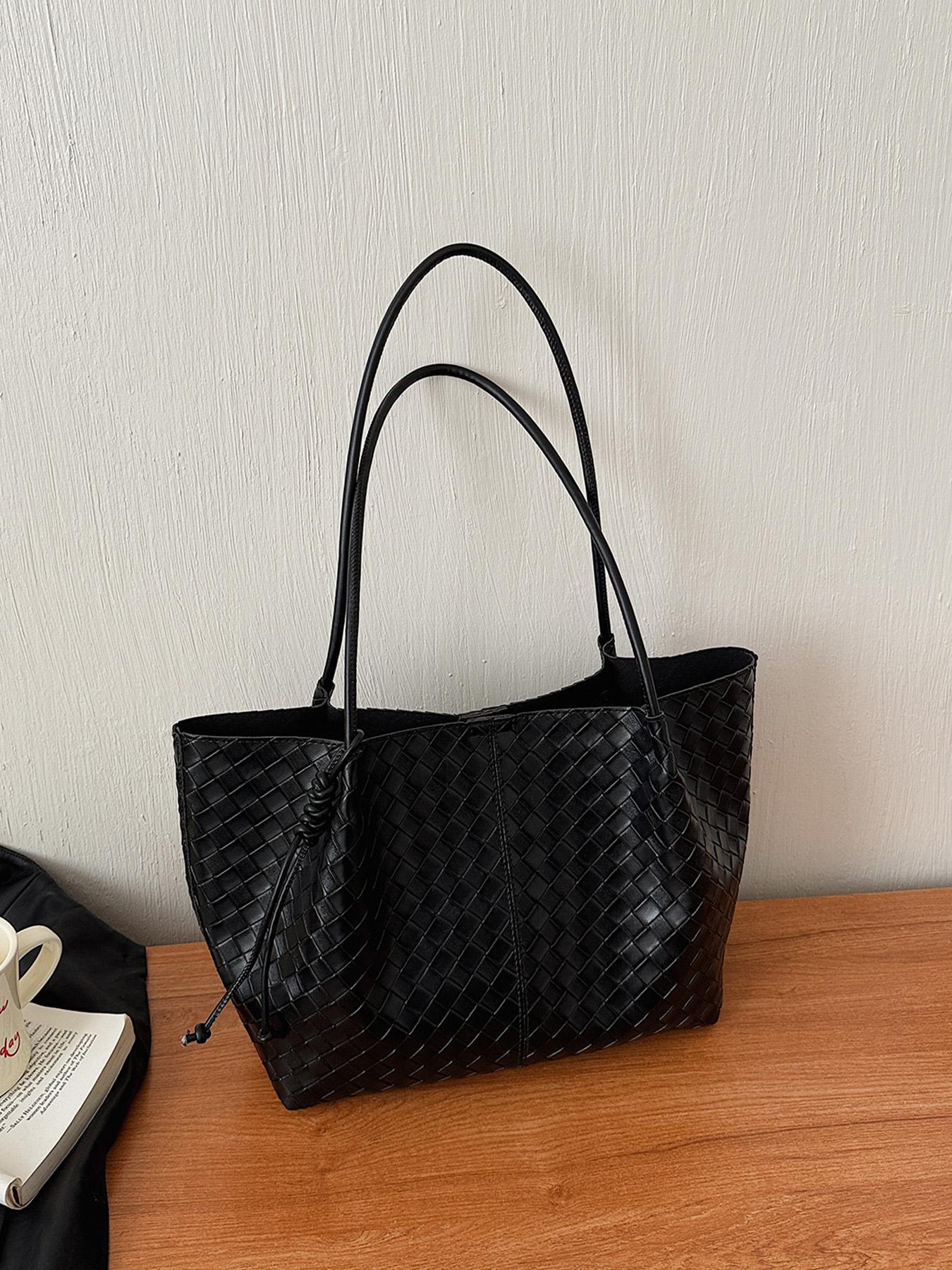 1pc Knitted pattern tote bag for women, large capacity diamond patterned shoulder bag, included with lazy and relaxed shopping bag, essential for women's commuting armpit bag