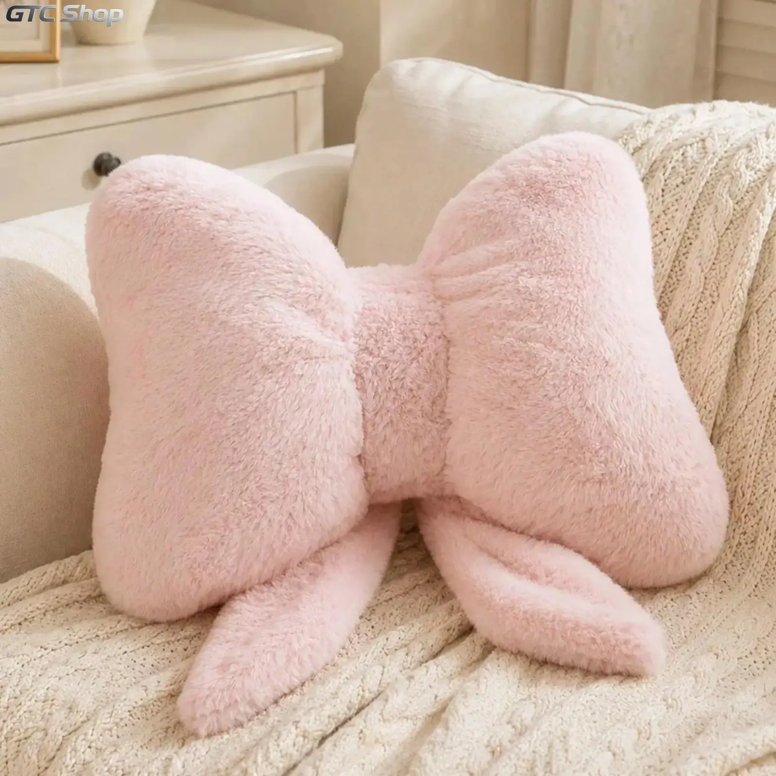 Coquette Bow Throw Pillow, Fluffy Faux Fur Plush Lumbar Cushion, Cute 3D Ribbon Bow Decorative Stuffed Cushion, Aesthetic Room Decor, Sweet Gift for Girls for Valentine’s Day & Birthday