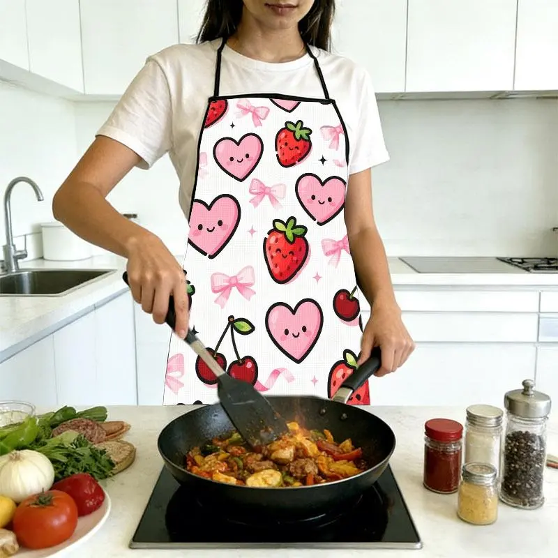 Sweet Whimsical Apron with Cute Pastel Pattern, Smiling Pink Hearts, Cartoon Strawberries, Cherries & Bows Print, New Style with Multiple Specifications Available, Perfect for Home Cooking, Baking & Kitchen Daily Use