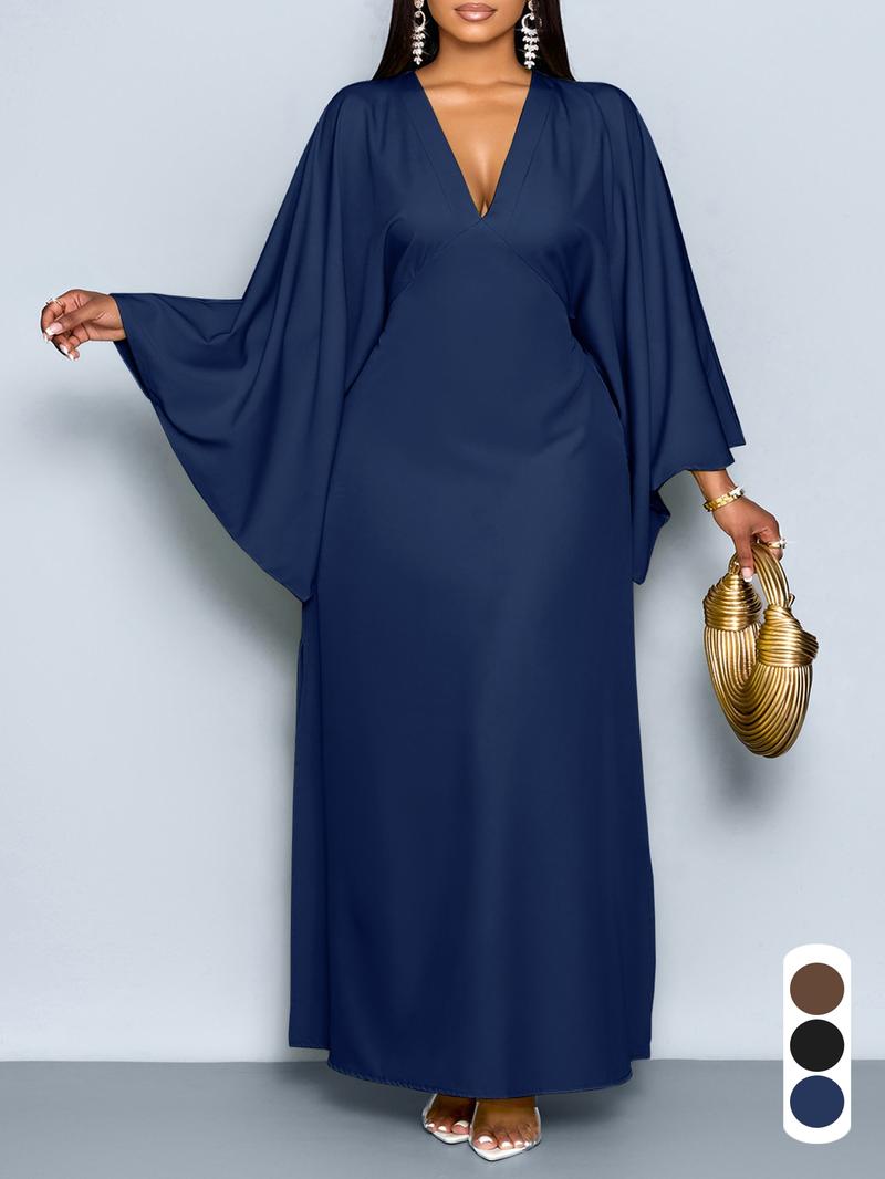 Women's Elegant Fall Casual Loose-Fit Dress, Deep V-Neck Long Sleeve High-Waisted Split Hem, Plus Size Woven Fabric