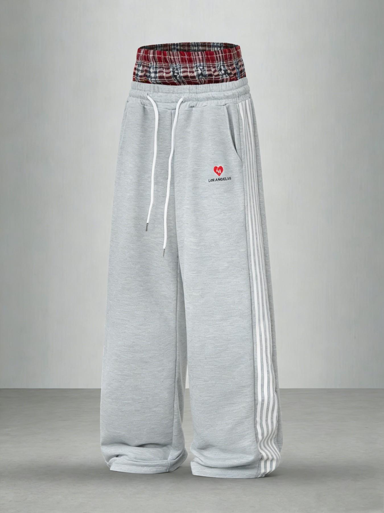 American Vintage Los Angeles Heart Pattern Plaid Patchwork Waist Loose Wide Leg Sweatpants, Daily Casual Wear, Comfortable and Stylish