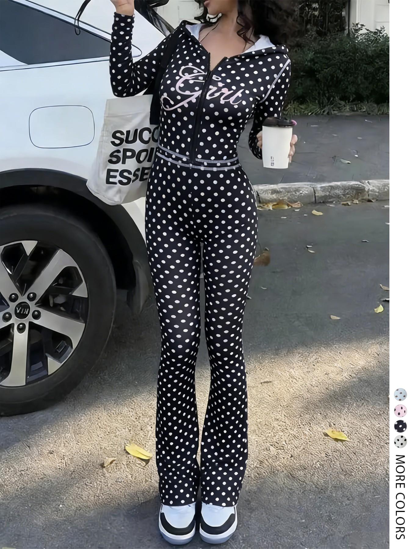 LovelyWholesale Women's Casual Sporty Vintage Polka Dot Letter Print Hooded Long Sleeve Crop Top and Wide Leg Pants Set, Colorblock Zipper Design