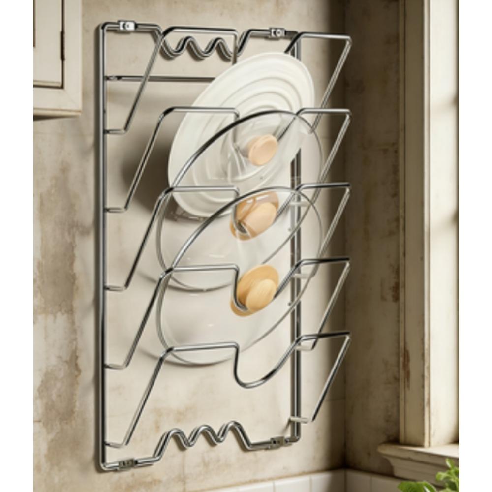 Sturdy hooks for hanging pot lids: a multi-layer wall-mounted storage solution suitable for pots and lids, a space-saving kitchen accessory, ideal for homes and restaurants.