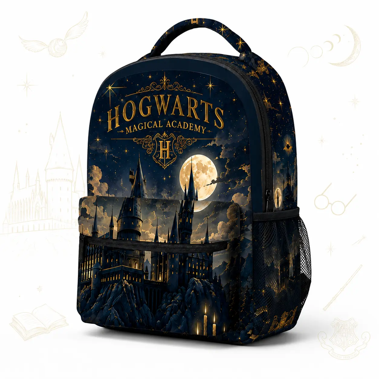 Harry Potter Hogwarts All-Over Print Backpack, Magical Academy School Bookbag with Front Zipper Pocket, Dual Mesh Side Pockets & Adjustable Straps, Back to School Travel Daypack for Teens