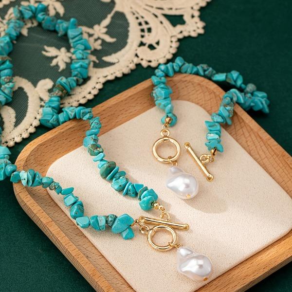 Women's 2-Piece Bohemian Jewelry Set, Baroque Pearl & Irregular Turquoise Beaded Pendants, Boho Charm for Beach Party & Casual Daily Matching, Baroque Pearls, Irregular Shape, Set Includes 2 Pcs, Turquoise Beads, Alloy Metal Chain, Boho Casual, Irregular