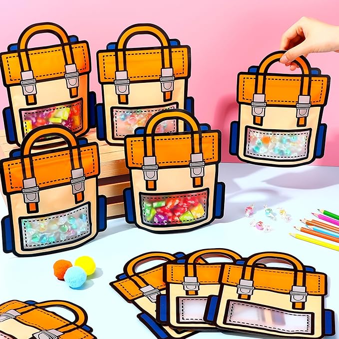 40/100 Pcs Back to School Cartoon Backpack Goodies Bags Snack Bags Candy Bags Plastic Gift Bags with Handle Transparent Window Treat Bags for Teacher Student Women,School Classroom Supplies,Birthday Party kindergarten Vibrant Orange Celebrations Gift