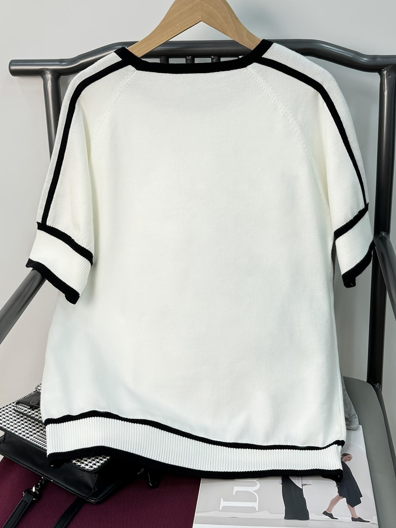 Women's Round Neck Patchwork Half Sleeve Knit Sweater, Commuter Casual Slim Fit Pullover, Stylish and Comfortable Top for Daily Wear, Knitwear