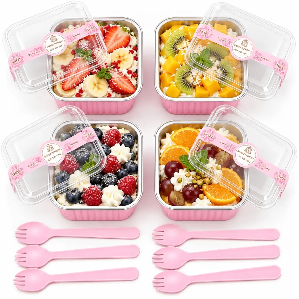 25 Pack 10 oz Pink Mini Cake Pans with Clear Lids,Spoons and Sealing Stickers,Square Aluminum Foil Baking Cups for Cheesecake,Brownies,Cupcakes,Mini Desserts,Birthday Parties and Home Baking