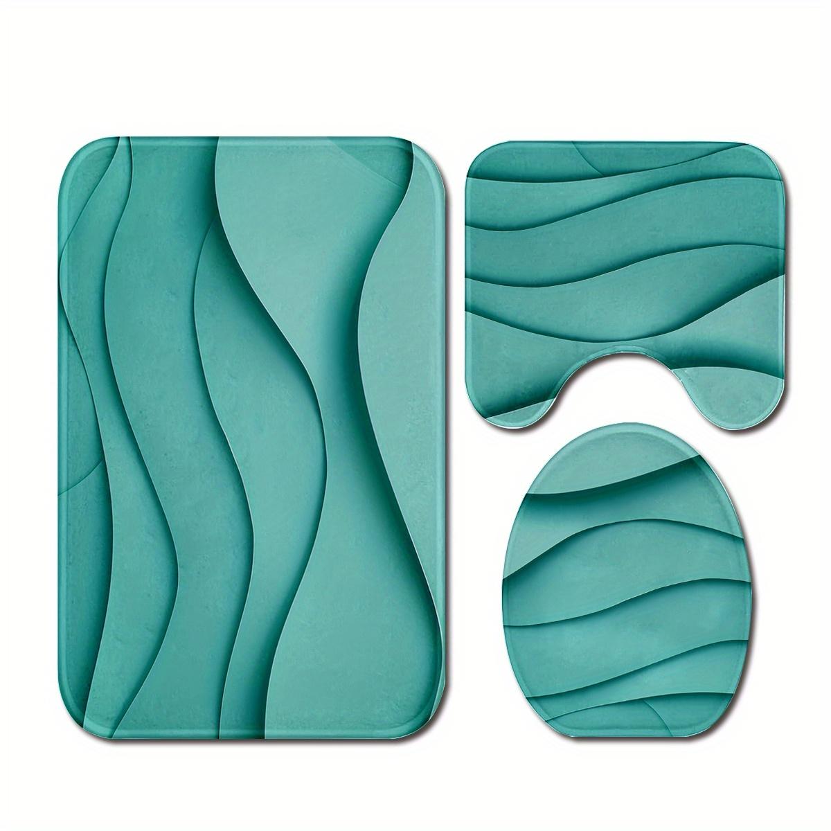 3pcs Green 3D Wave Pattern Bathroom Mat Set, Soft Flannel, Toilet Lid Cover, U-Shaped Toilet Mat, 100% Polyester, Modern Design, Home Bathroom Decor, Stylish Bathroom Accessory, Bathroom Rug Se