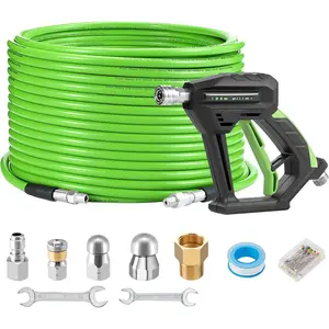 Sewer Jetter Kit  Pressure Washer 100 FT, Short Power Washer Gun, Drain Cleaner Hose 1/4 Inch NPT, Corner, Rotating and Button Nose Sewer Jetting Nozzle, 3600 PSI