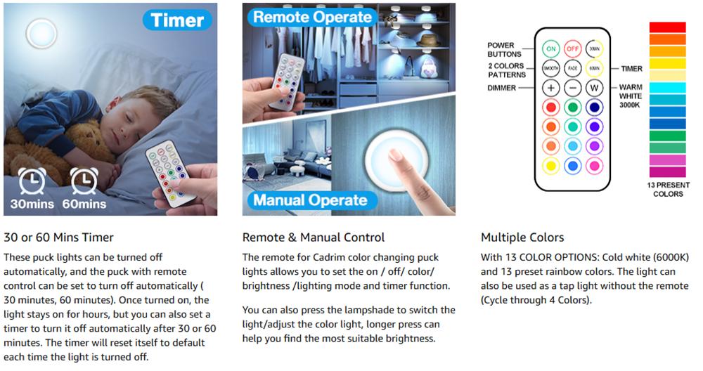 Wireless Puck Light Under Cabinet Lighting, Battery Powered LED Tap Light 13 RGB Colors Night Lamp with Remote Control, Home Decor Light Party Light Gaming Light