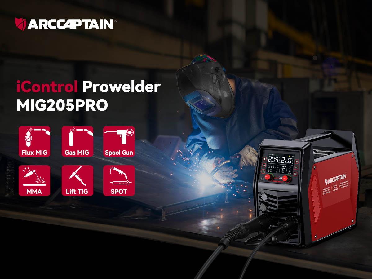 ARCCAPTAIN iControl MIG205 Pro MIG Welder 205A 110V 220V Gas MIG/Gasless Flux MIG/MMA Stick/Lift TIG/Spot Welding/Spool Gun Aluminum 6 in 1 Professional Welder Machine, APP Control Multi-process Welding Machine Tool Electric