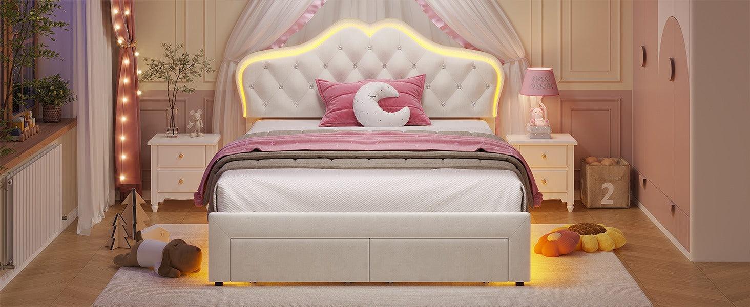 Sikaic Full Size Velvet Princess Platform RGB LED Bed with Storage Drawers and Adjustable Crystal Button Headboard Creamy Furniture Luxury Design Cute