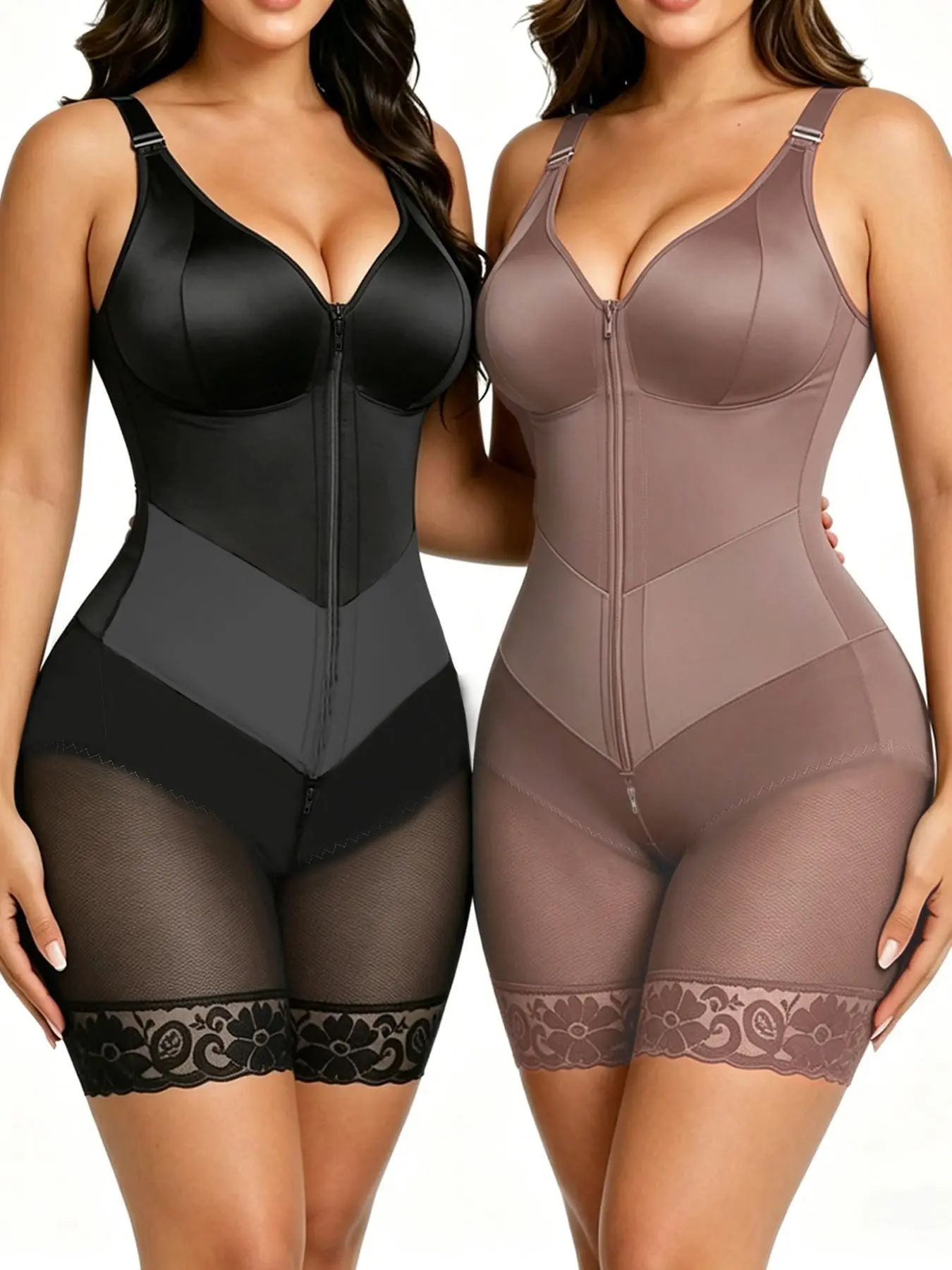 Women's 2-Pack High Compression Body Shaper, Front Zip Tummy Control Bodysuit, Butt-Lifting, Lace Trim, Thigh-Shaping, Adjustable Straps Shapewear