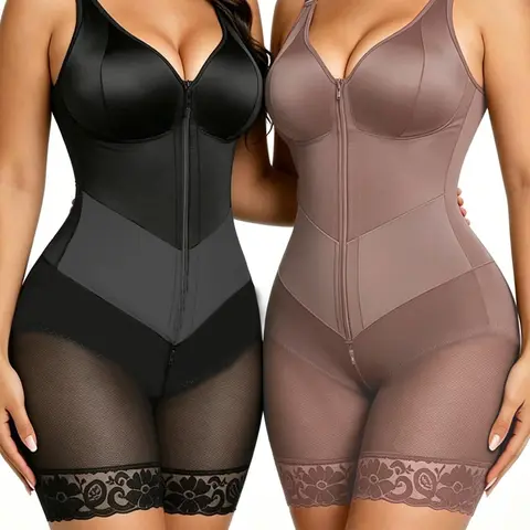 Women's 2-Pack High Compression Body Shaper, Front Zip Tummy Control Bodysuit, Butt-Lifting, Lace Trim, Thigh-Shaping, Adjustable Straps Shapewear