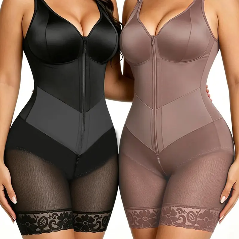Women's 2-Pack High Compression Body Shaper, Front Zip Tummy Control Bodysuit, Butt-Lifting, Lace Trim, Thigh-Shaping, Adjustable Straps Shapewear