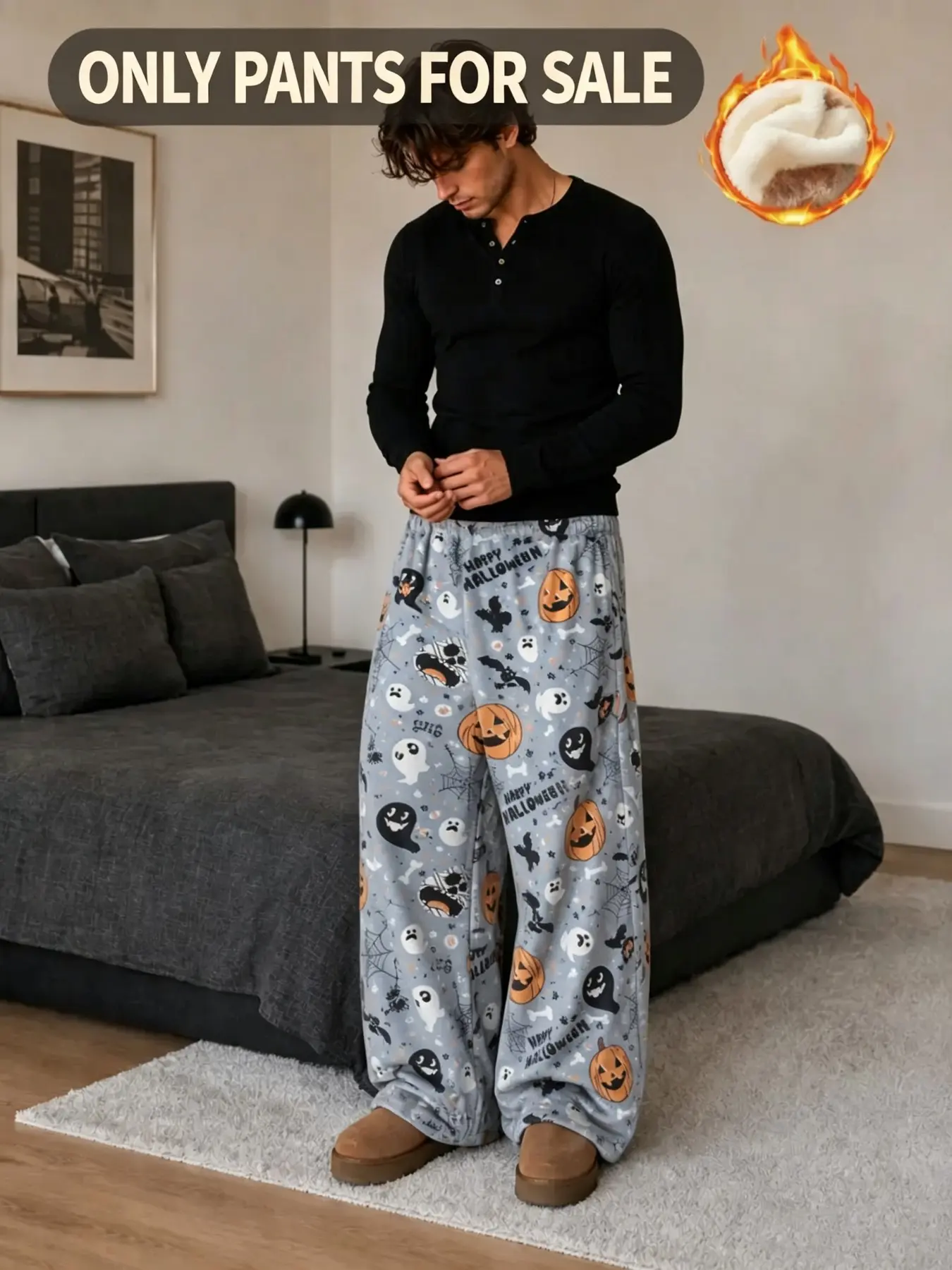 Unisex Halloween Festive Fleece Pajama Pants Pumpkin Spider Web Print Warm Loungewear Loose Home Trousers For Men Women