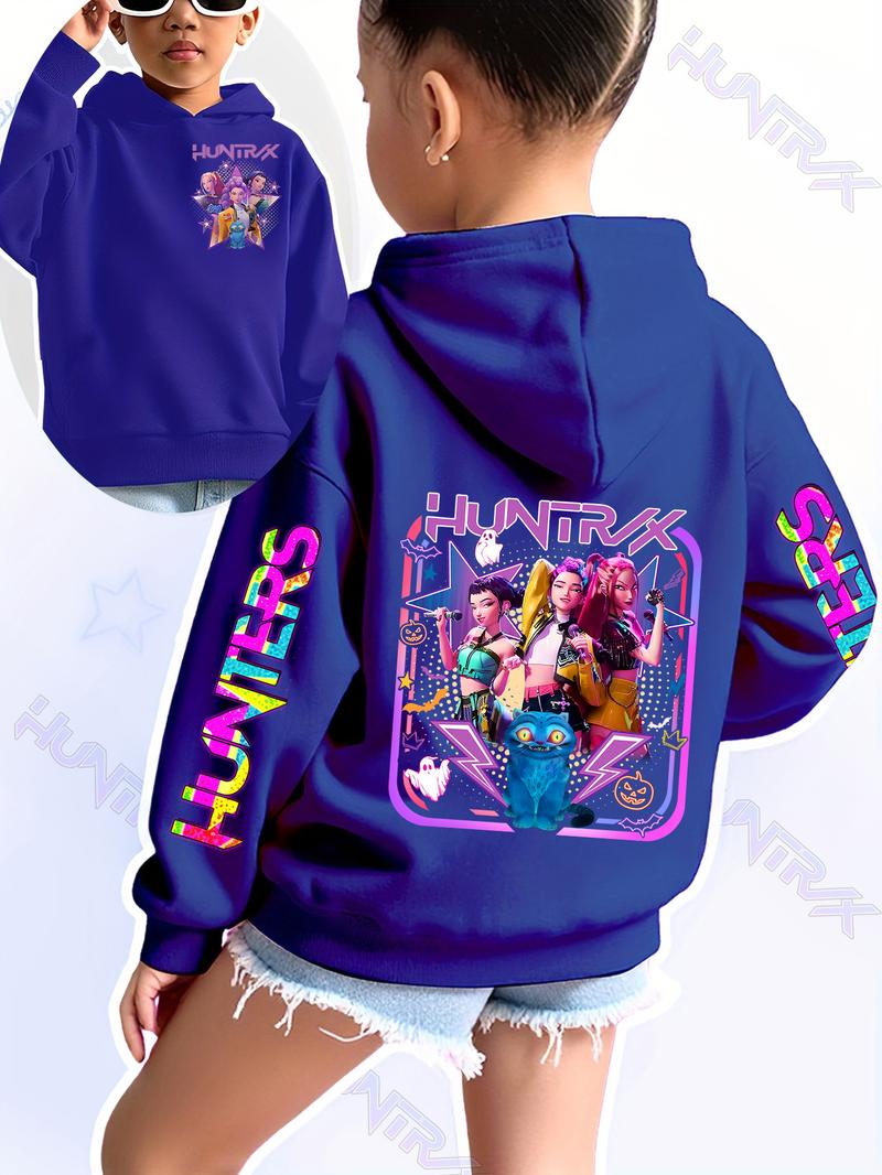 Girls' Kpop Demon Hunters Hoodie, Star Character & Cute Pet Print, Graphic Casual Hoodie, Casual Fitted Sweatshirt, Spring & Fall Elastic Fabric, Christmas Gift