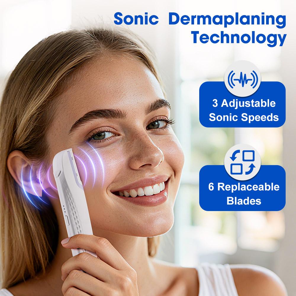 Sonic Dermaplaning Tool for Face Hair Trimmer Peach Fuzz Remover for Face & Eyebrows, Rechargeable Cordless Portable Shaver with 6 Replacement head ,Rechargeable Dermaplanes Razor