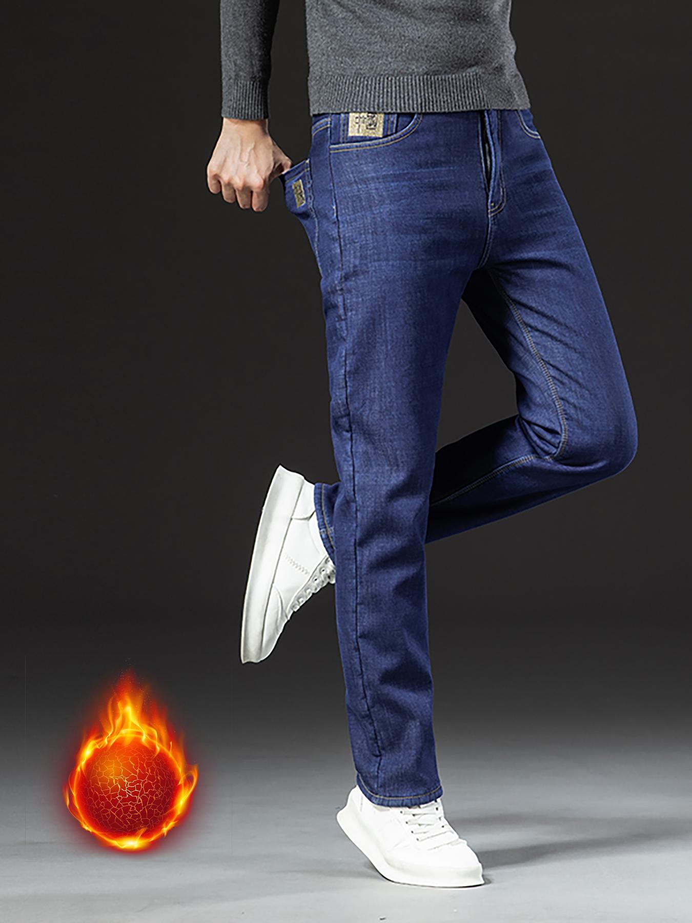 Men's Fleece-Lined Plain Denim Jeans, Winter Casual Friday Loose Straight-Leg Warm Pants, Thickened Thermal Comfortable Men's Clothing