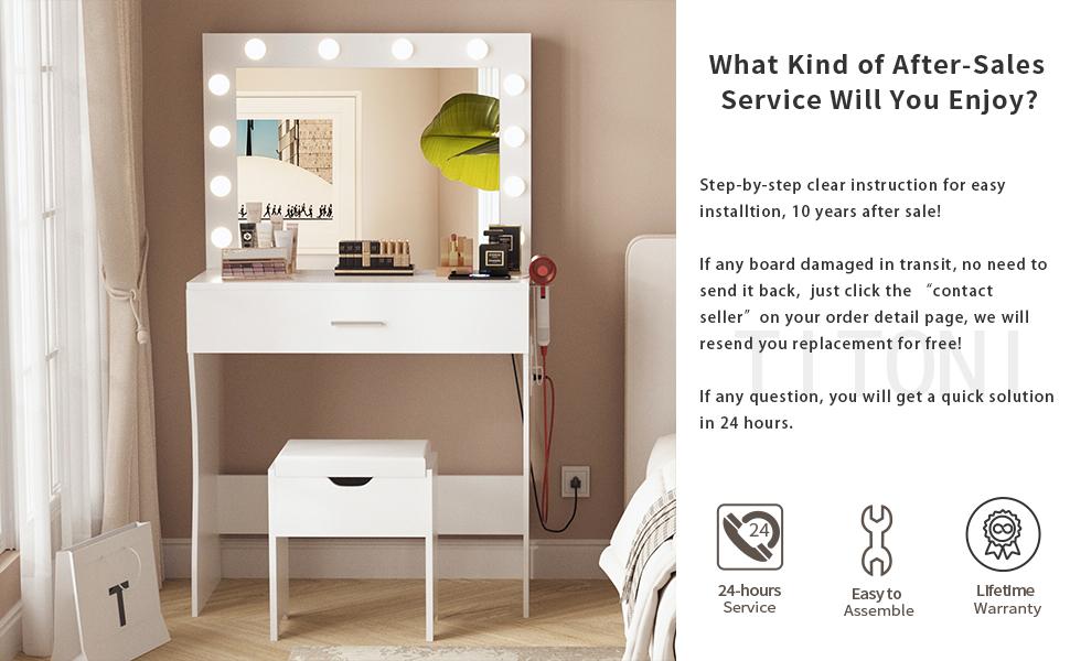 Vabches Vanity Table Set with Lighted Mirror - Makeup Vanity with Charging Station, Large Drawer Sturdy Wood Vanity with Lights, 3 Color Modes, Adjustable Brightness, White Vabches Vanity Table Set with Lighted Mirror - Makeup Vanity with Charging Station, Large Drawer Sturdy Wood Vanity with Lights, 3 Color Modes, Adjustable Brightness, White