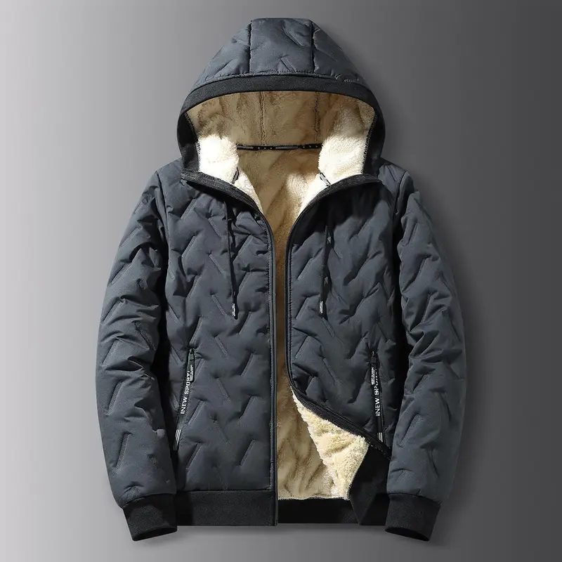 2026 Men's New Fashion Hooded and Velvet Jacket with Long Sleeve, Fleece Inner Lining, Waterproof and Windproof, Unique Texture, Zipper, Essential Solid Color Coat for Autumn and Winter, Daily Leisure, Outdoor Casual Menswear
