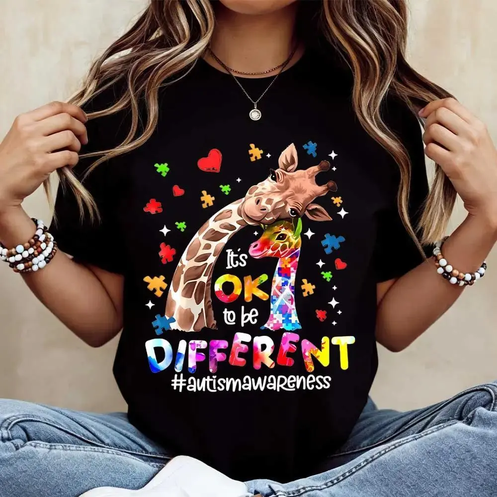 Men's Seamless Round Neck Cotton Printed T-Shirt - Lightweight, All-Season Menswear, Smooth Soft Fabric, Giraffe-Puzzle Pieces-Hearts Graphics, Autism Awareness "Ok To Be Different" Slogan, Casual Loose Fit, Foldable for Everyday & Special Occasions