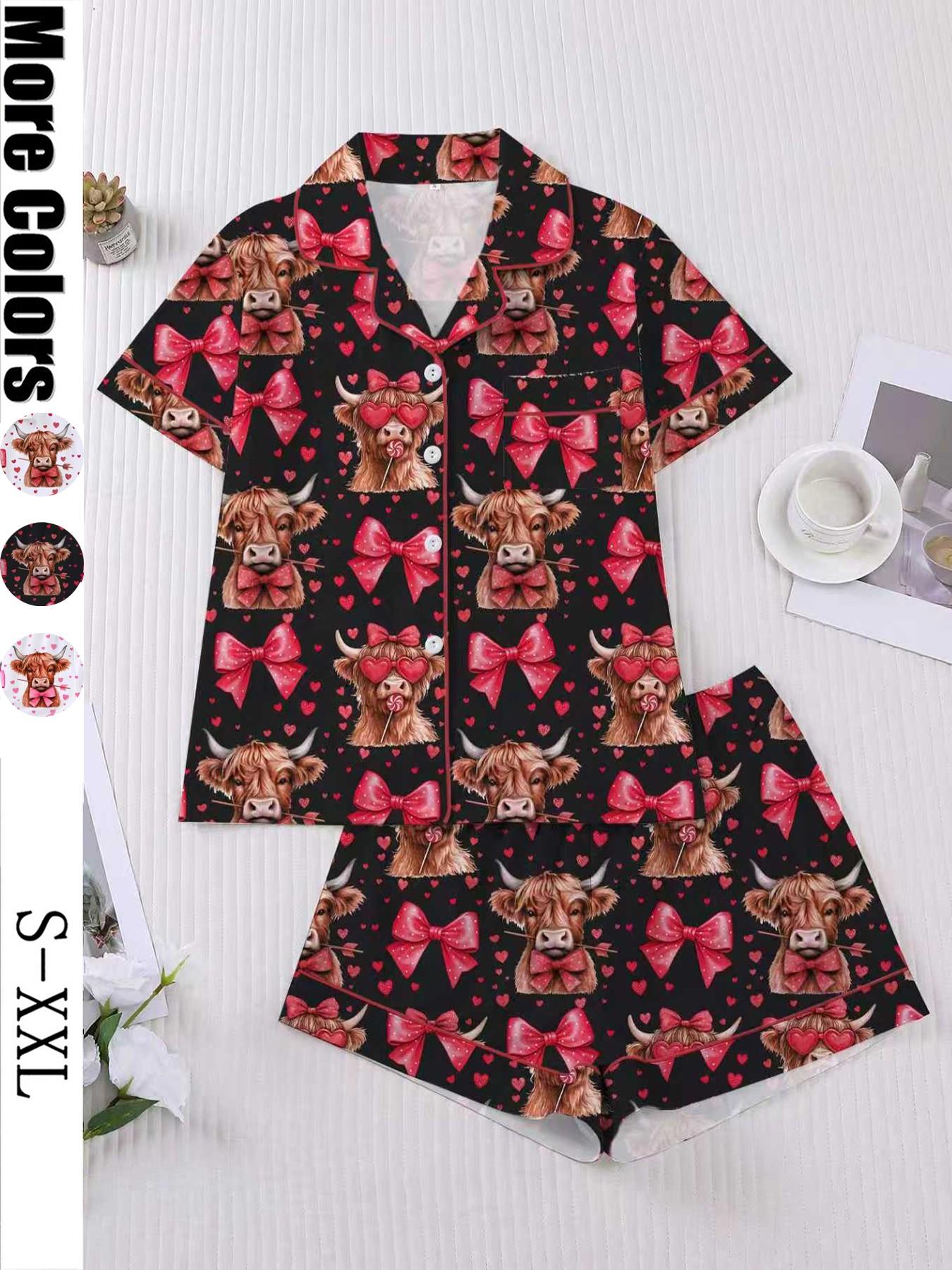 Women's Sleepwear Set, Short Sleeve Button-Up Top & Elastic Shorts, Soft Fitted Design, All-Season Comfortable Home Wear