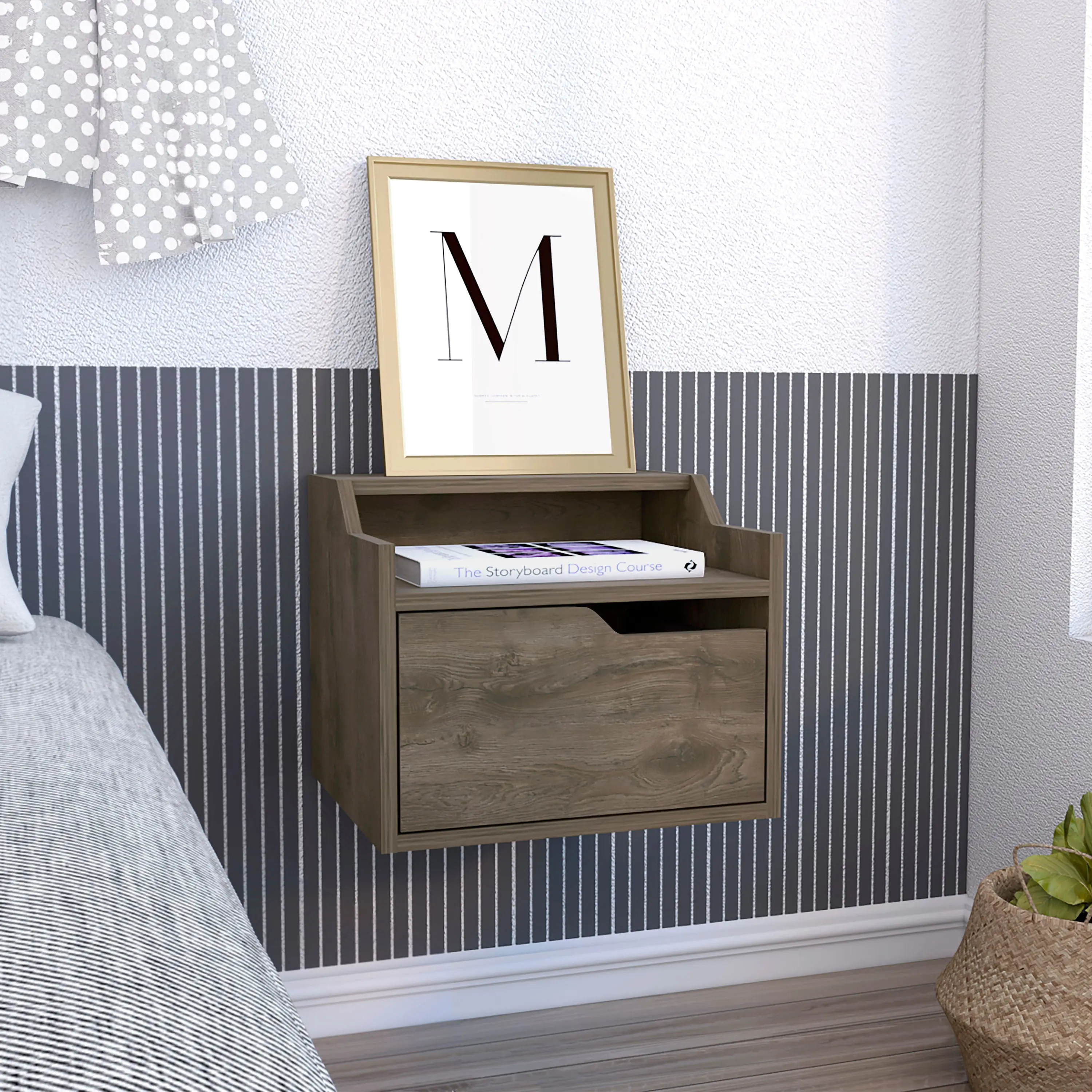 Floating Nightstand with Single Drawer and Two-Tiered Shelves in Dark Brown, Wall-Mounted Bedroom End Table or Side Table