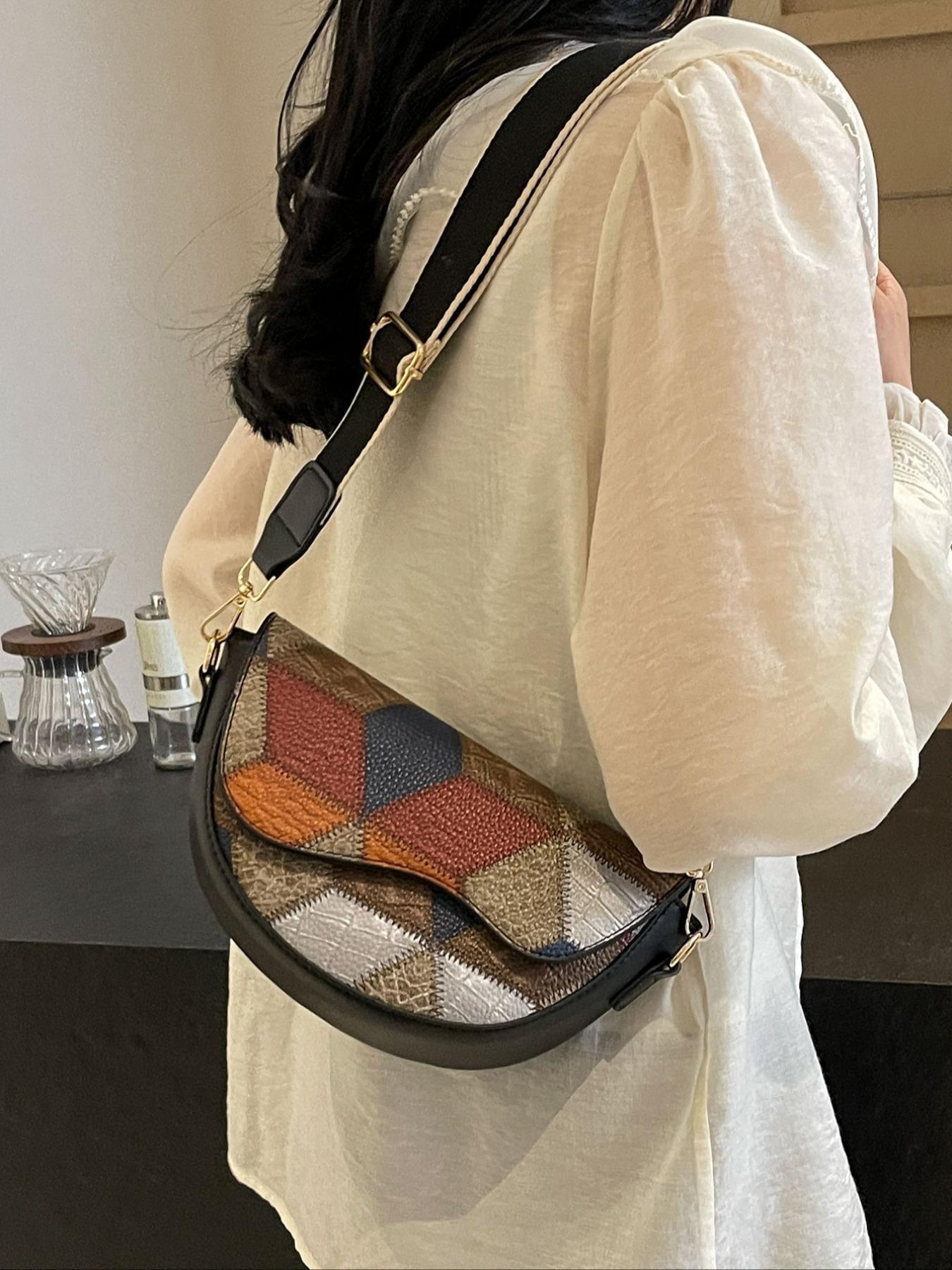 Women's Retro Solid Color Saddle Bag, Wide Shoulder Strap Messenger Bag, Fashionable Classic Popular Shoulder Bag, Suitable for Daily Outing