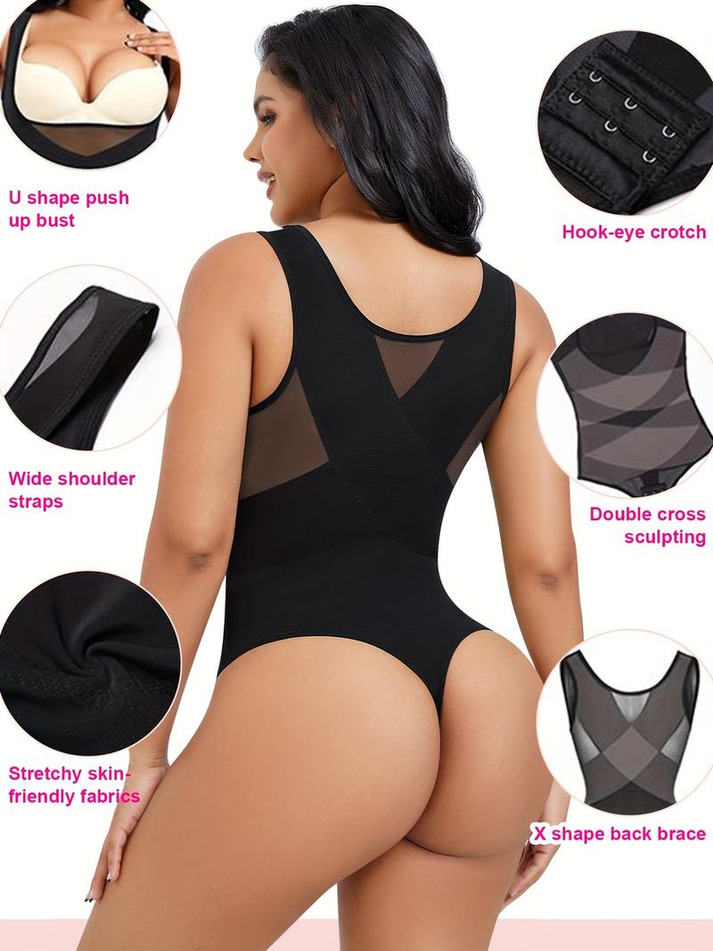 Women's Contrast Mesh Thong Design Shapewear Bodysuit, High Stretch U Neck Tummy Control Shapewear Clothing, Ladies Shapewear for Daily Wear, Garment