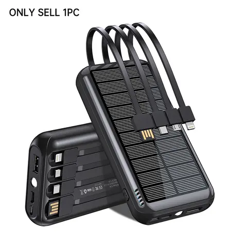 Solar Power Bank for Summer, 1 Count Large Capacity Power Bank with 4 Output Cables & LED Flashlight for Smartphone, Portable Charger, Handy Charging Devices, Solar Cellphone Charger