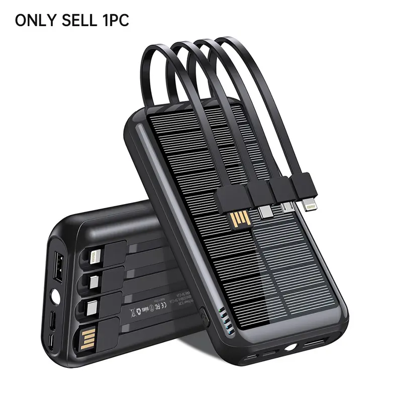 Solar Power Bank for Summer, 1 Count Large Capacity Power Bank with 4 Output Cables & LED Flashlight for Smartphone, Portable Charger, Handy Charging Devices, Solar Cellphone Charger