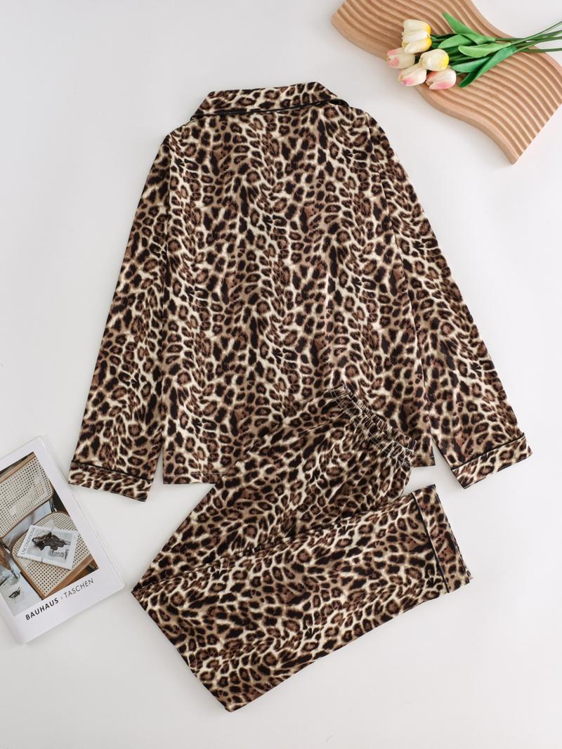Women's Leopard Print Button Front Pocket Lapel Shirt & Elastic Waist Pants Pyjama Two-piece Set, Casual Comfy Pocket Long Sleeve Top & Trousers Pj Set, Women's Sleepwear for Spring & Fall, Loungewear Set Women, Leopard Print Pajamas