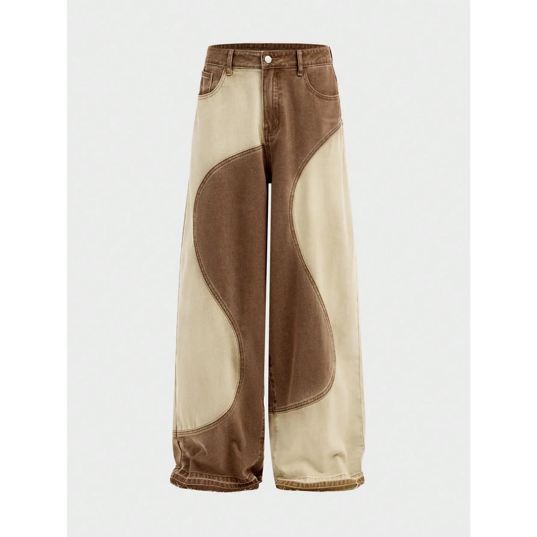Men's Colorblock Geometric Wave Patchwork Denim Jeans - Brown & Tan 2-Tone Chunky Loose Baggy Wide Leg Skater Trousers, Y2K Menswear Raw Hem Fall Vintage Casual Bottoms
