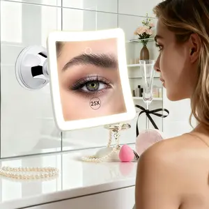 Rechargeable 25X Magnifying Makeup Mirror With Lights, 2000mAh Wall Mounted Mirror With 3 Color Lights, Dimmable Lighted Bathroom Mirror With 360° Rotation, Travel Accessories, LED Mirror With Suction Cup, Perfect For Birthday, Gifts for Women