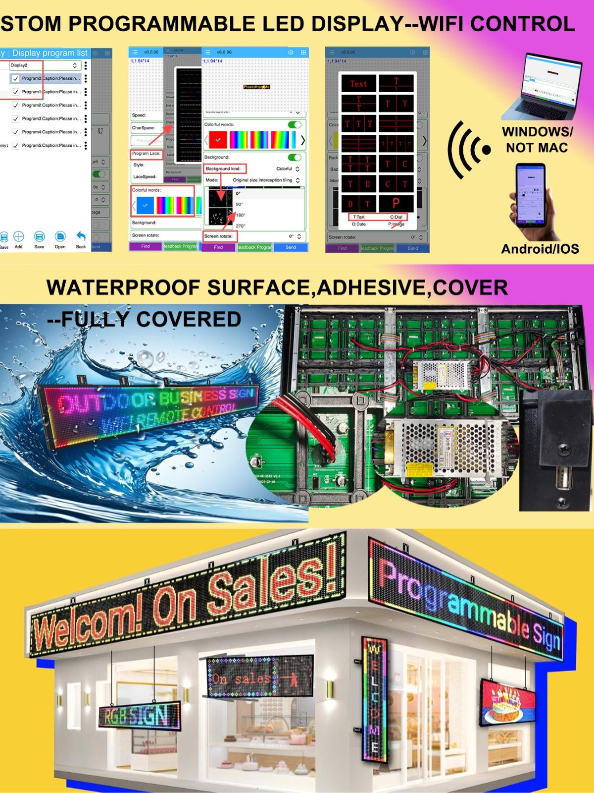 P10 Programmable Scrolling LED SIGN 40"×14" LED Display, 4000cd/m³ High Brightness led Display with WIFI+USB, Indoor Outdoor Digital Sign Screen, SMD Technology Open Sign for Advertising