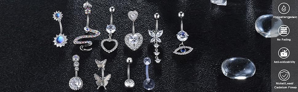 MILACOLATO 14G Belly Bar Belly Button Ring Kit 316L Surgical Steel Dangly Belly Button Piercing Jewellery Long Chain CZ Moonstone Snake Heart Butterfly Belly Bar Pack Silver Gold 10Pcs MILACOLATO 14G Belly Bar Belly Button Ring Kit 316L Surgical Steel Dangly Belly Button Piercing Jewellery Long Chain CZ Moonstone Snake Heart Butterfly Belly Bar Pack Silver Gold 10Pcs