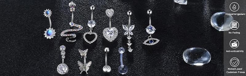 MILACOLATO 14G Belly Bar Belly Button Ring Kit 316L Surgical Steel Dangly Belly Button Piercing Jewellery Long Chain CZ Moonstone Snake Heart Butterfly Belly Bar Pack Silver Gold 10Pcs MILACOLATO 14G Belly Bar Belly Button Ring Kit 316L Surgical Steel Dangly Belly Button Piercing Jewellery Long Chain CZ Moonstone Snake Heart Butterfly Belly Bar Pack Silver Gold 10Pcs