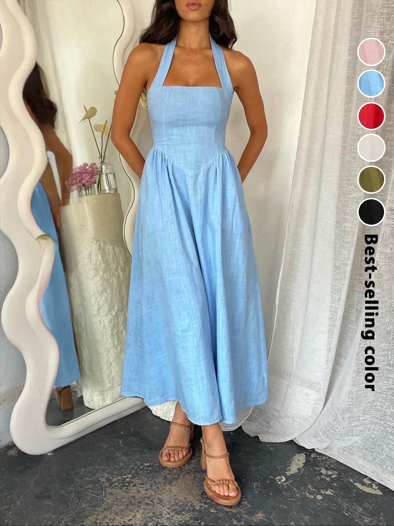 Women's Plain Pocket Zipper Back Dress, Casual Sleeveless Halter Neck A Line Dress for Summer, Ladies Clothes for Beach Holiday, Brunch Dresses, Casual Wear
