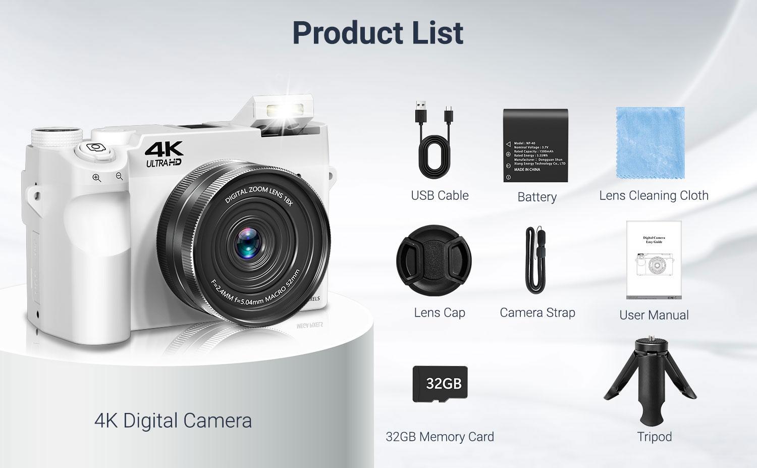 4K Digital Camera, 75MP Dual Cameras for Photography, 18X Digital Zoom Video Vlogging Camera, Autofocus Point Shoot Cameras, Compact Travel Camera with 3.0" Screen, 32GB Memory Card, 1 Battery, 1 Tripod, Perfect for Photography Beginner