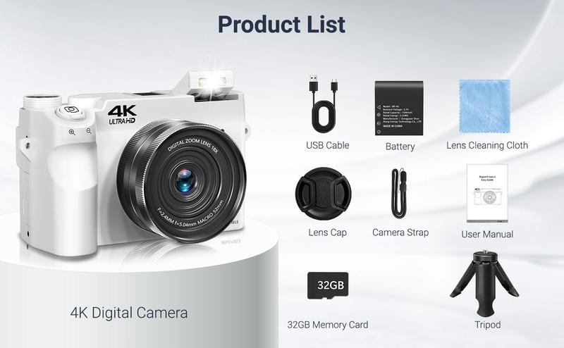 4K Digital Camera, 75MP Dual Cameras for Photography, 18X Digital Zoom Video Vlogging Camera, Autofocus Point Shoot Cameras, Compact Travel Camera with 3.0" Screen, 32GB Memory Card, 1 Battery, 1 Tripod, Perfect for Photography Beginner