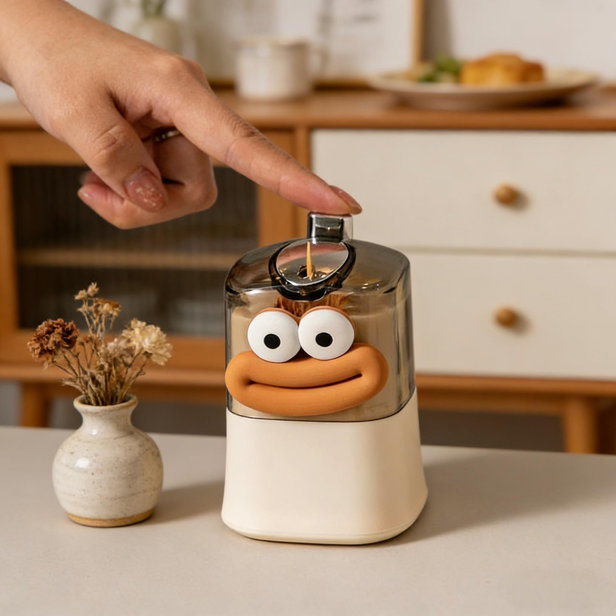 Automatic Press Toothpick Holder, Plastic Toothpick Dispenser, Creative Toothpick Storage Box, Cute Design, Includes Cartoon Stickers