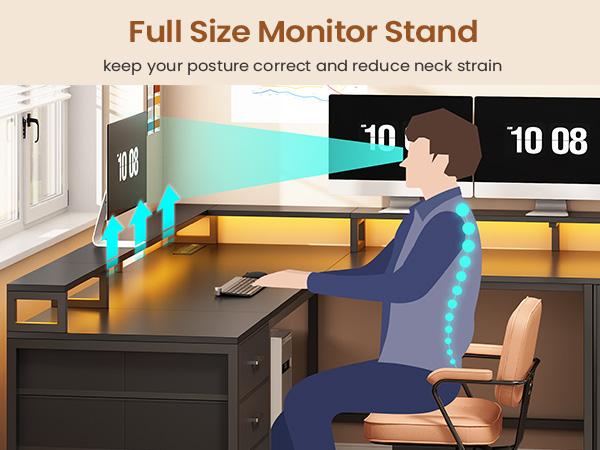 SEDETA L Shaped Gaming Desk with 4 Drawers, 109” Computer Desk with Display Cabinet, Home Office Desks with 2 Monitor Stands, CPU Stand, LED Lights and Power Outlet