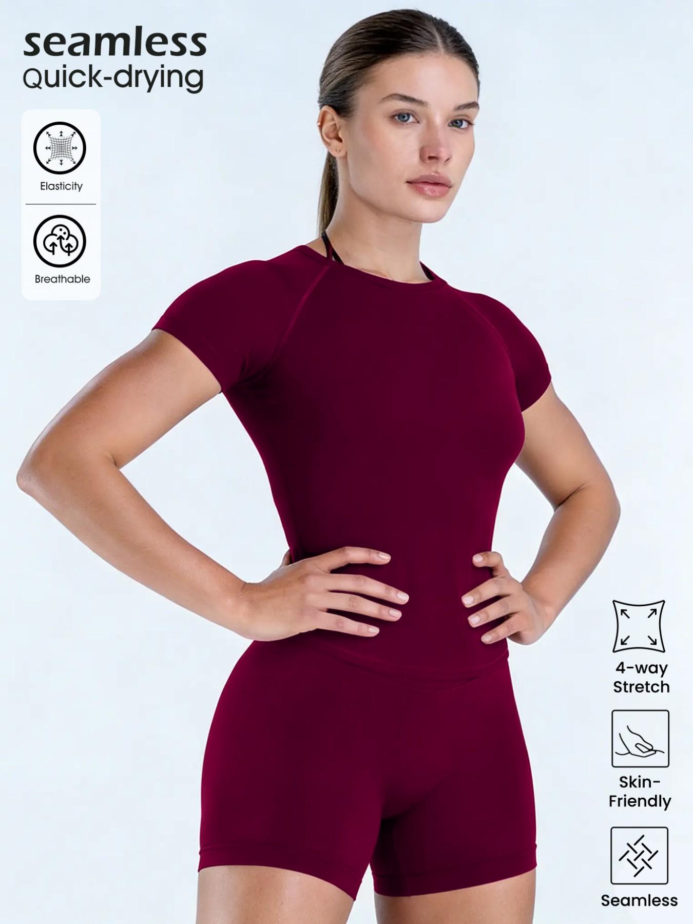 Women's New Nylon High Stretch Moisture Wicking Seamless Short Sleeve Fitness T-Shirt, Butt Coverage Long Sleeves