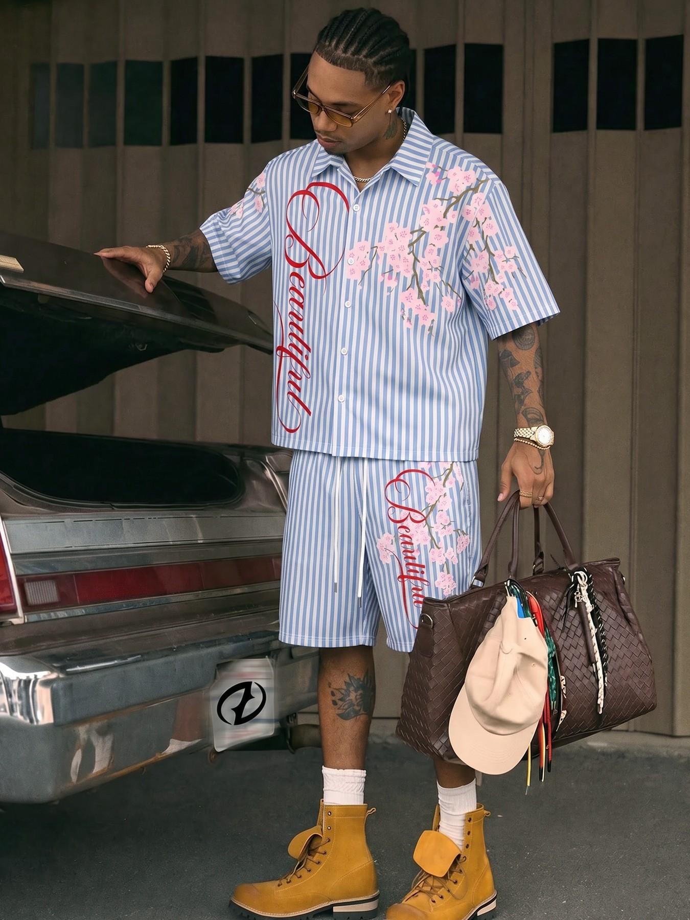 Men, Menswear, Blue White Vertical Striped Cherry Blossom Cursive Print Two Piece Outfit Oversized Short Sleeve Button Down Shirt Drawstring Waist Shorts Vintage West Coast Chicano Matching Summer Couple Tracksuit
