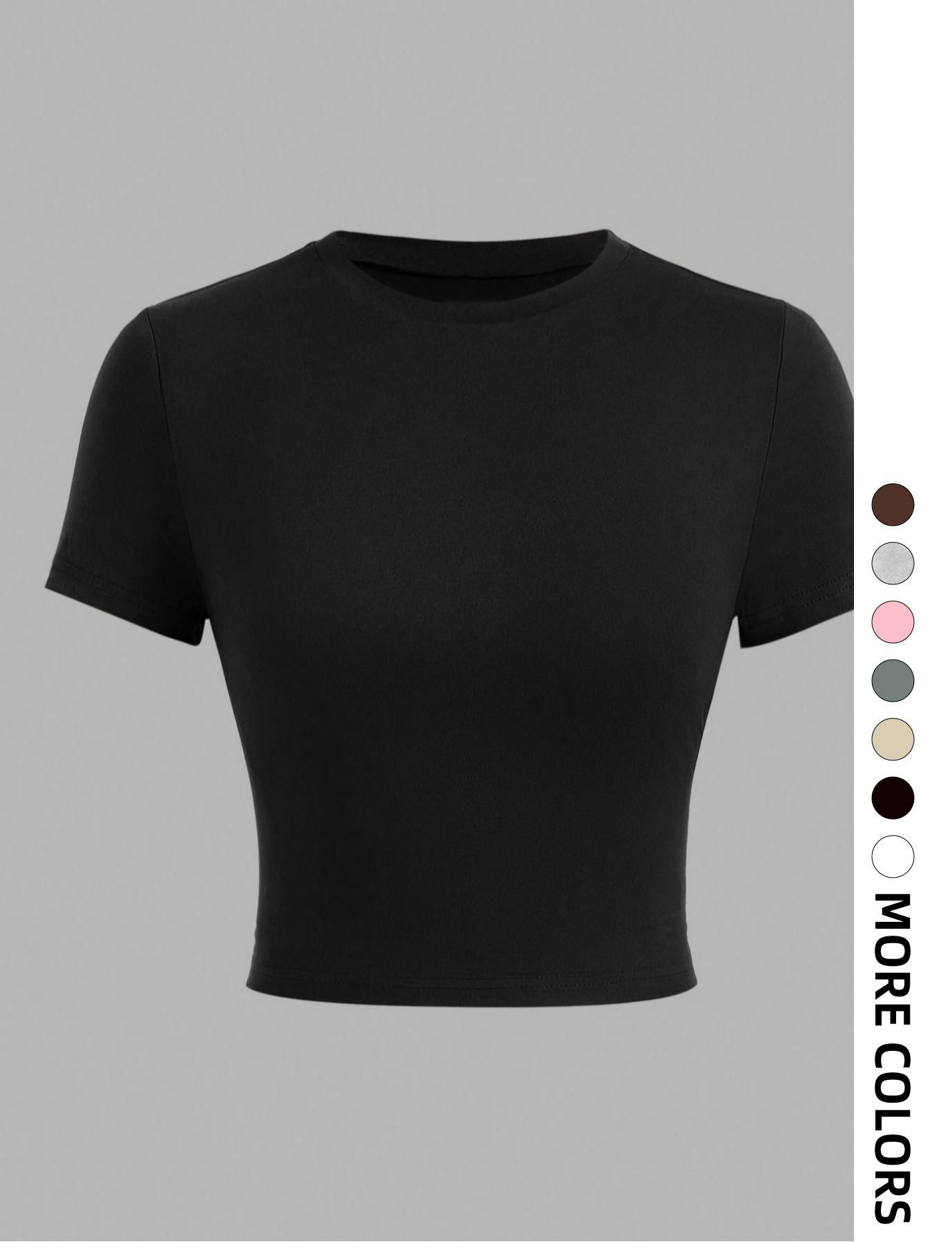Essnce 1pcs Women Solid Round Neck Casual Tee Womenswear