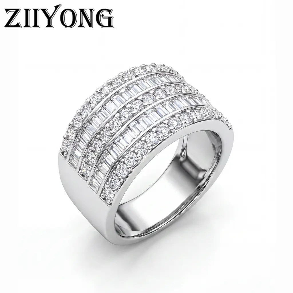 ZIIYONG Women's 925 Sterling Silver Multi-Row Round & Baguette Cut Moissanite Wide Band Ring - No Rhodium Plating, Hypoallergenic, Luxurious Fine Queen Ring for Anniversary, Wedding Party Wear