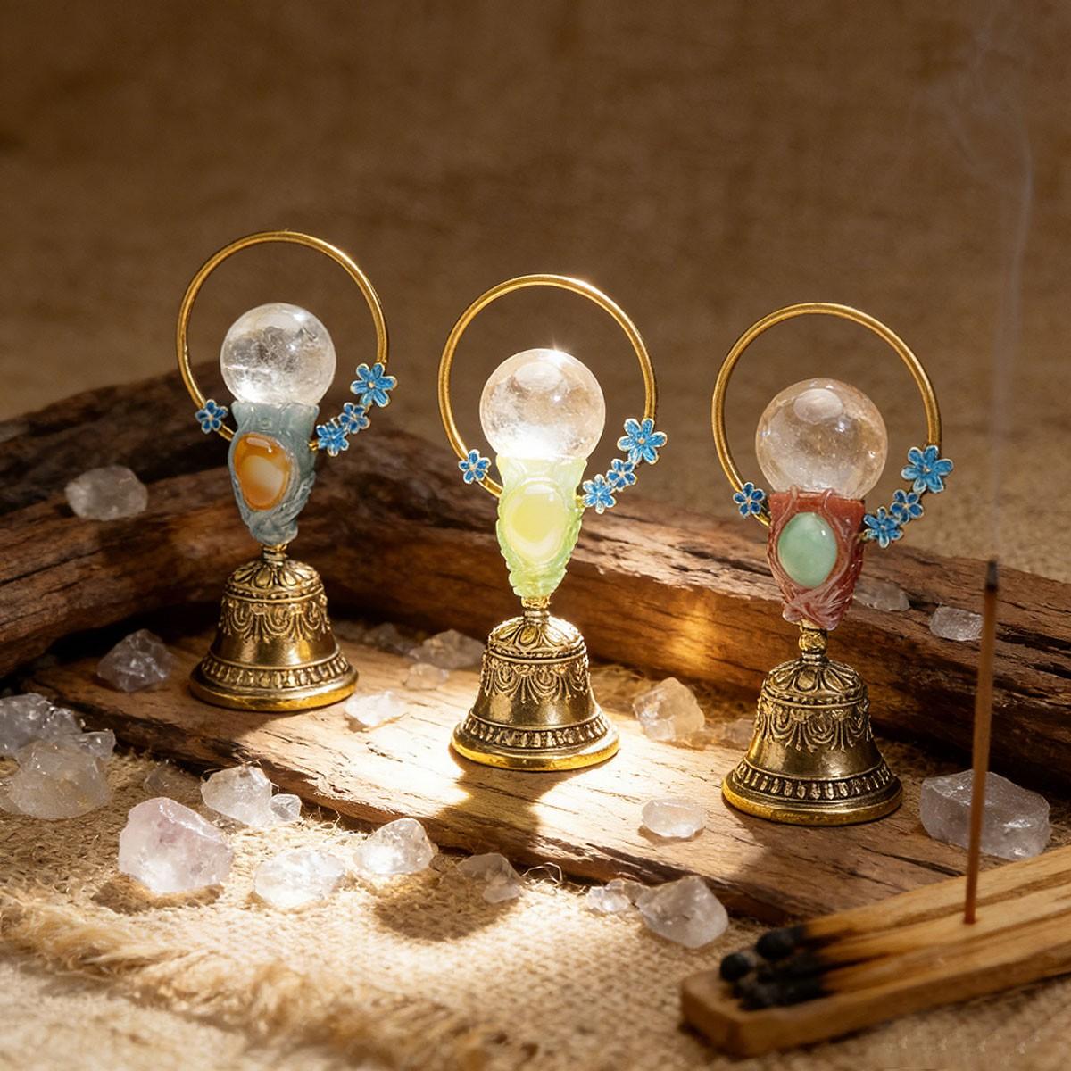 Natural Crystal Ball Brass Hand Bell, Copper Feng Shui Healing Bell, Home Decoration, Christmas Bell Gifts & Souvenir, 1pc